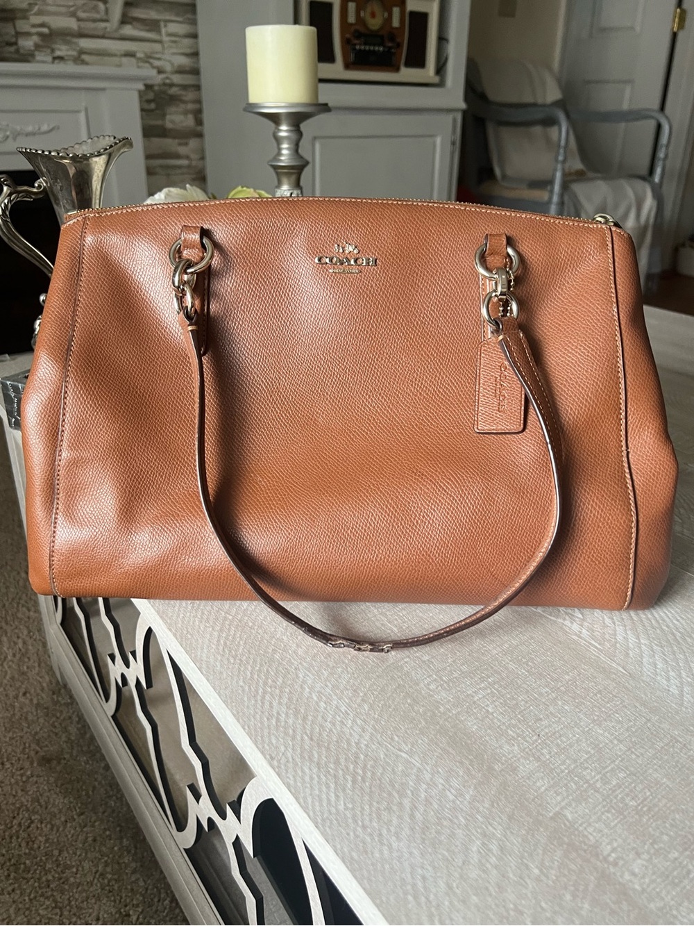 Coach Tan Pebble Leather Satchel with Top Handles